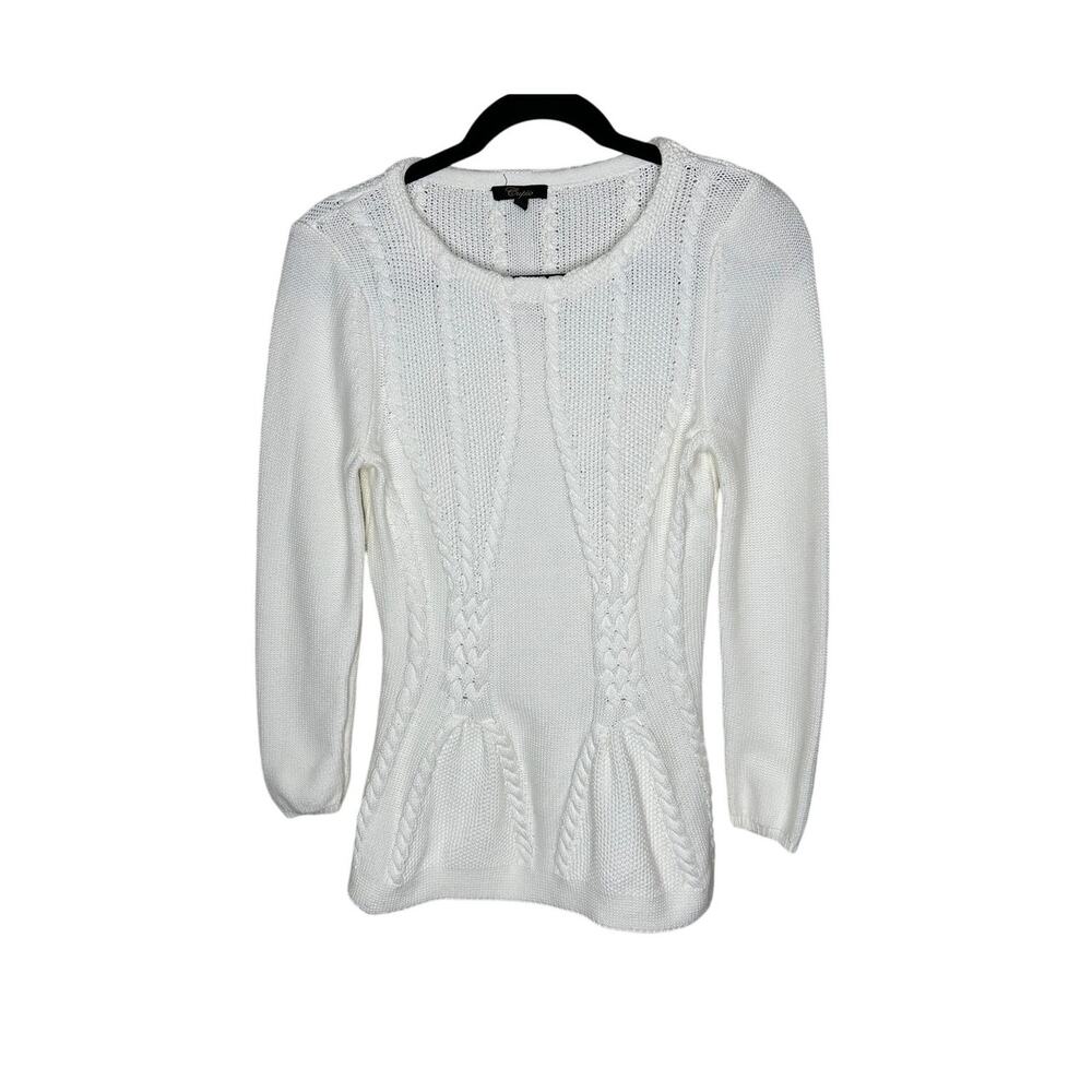 Cupio Cable Knit Peplum Sweater Womens M Cream White Crewneck Long Sleeve Cotton